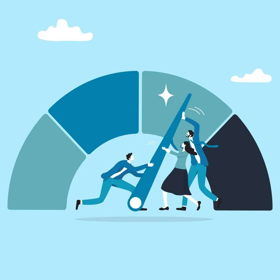 Colors of white and blue illustrate a large, credit meter with 2 men and one woman pulling the needle to the greater side.