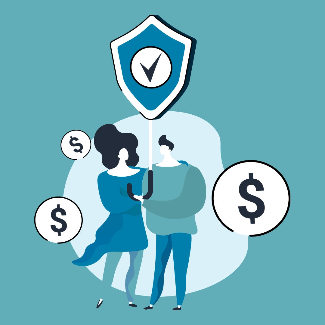 Shades of blue, green, and white. Illustrations of a male and female couple under an umbrella shaped like a sign with a checkmark. Floating images of dollar signs.